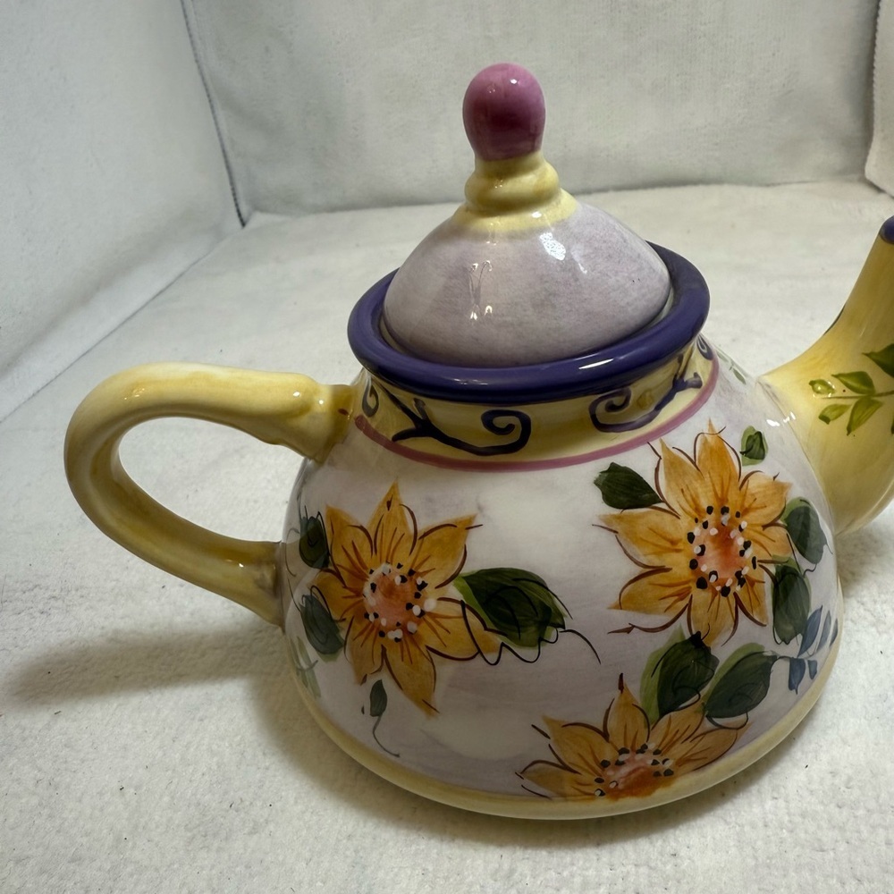 Vintage Personal Size Floral Ceramic Teapot with Yellow and Purple Accents